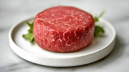 Raw beef patty on plate, marble background, food prep