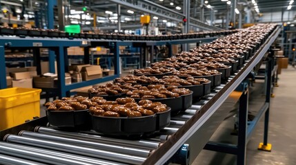 Factory conveyor belt carrying molded parts