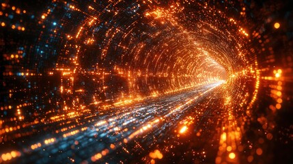 Fototapeta premium Abstract digital tunnel with glowing neon lights, representing futuristic connectivity