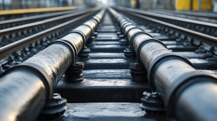 Close-up of high-pressure oil pipelines transporting crude oil for refining
