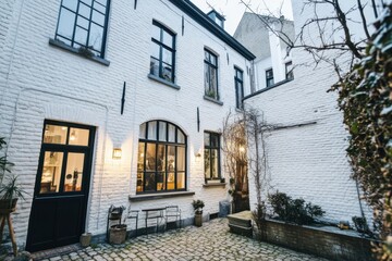 Fototapeta premium Charming courtyard of a quaint building in a historic district, showcasing cozy seating and lush greenery during twilight hours