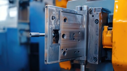 Close-up of injection mold tool being locked into place in an industrial machine