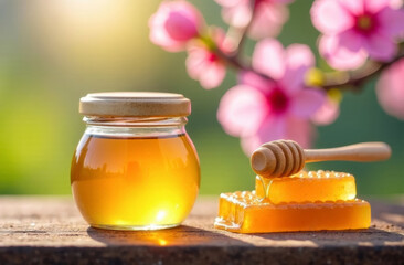 glass jar filled with golden honey stands next to honeycombs in blooming spring garden