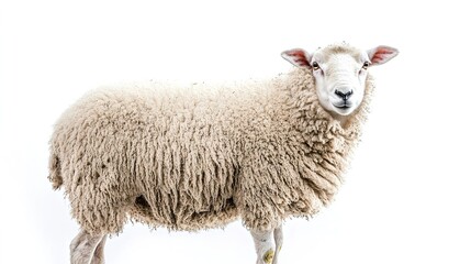 Obraz premium Fluffy sheep in peaceful isolation white background animal portrait calm environment close-up view serenity concept