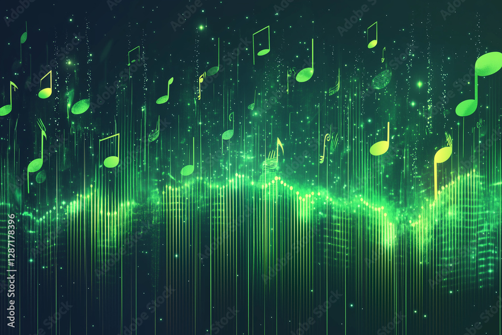 Fototapete abstract green music equalizer with floating musical notes audio visualizer background