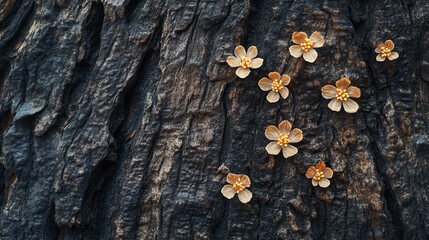 Nature's glow: small flowers on rustic wood texture for botanical design
