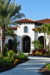 Fototapeta premium Experience the charm of this elegant Mediterranean-style house, surrounded by vibrant lush landscaping and tall palm trees, all set in a sunny, tropical paradise