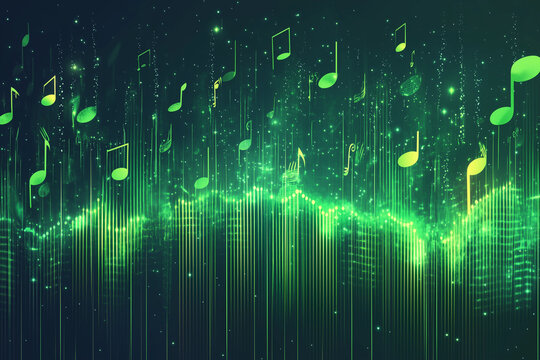 Abstract Green Music Equalizer with Floating Musical Notes Audio Visualizer Background