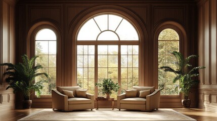 Fototapeta premium Cozy armchairs sit by large arched windows in wood paneled room