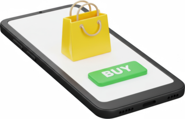 Online Shopping App Interface Smartphone Display with Yellow Shopping Bag and Green Buy Button