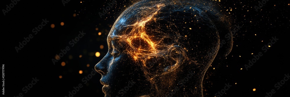 Aufkleber Profile of a human head showcasing complex neural connections and glowing synapses representing artificial intelligence technology. Generative AI