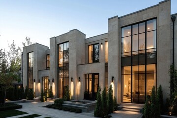 At dusk, the modern architectural design of this luxurious residence comes to life, featuring expansive windows that offer stunning views and beautifully manicured landscaping.