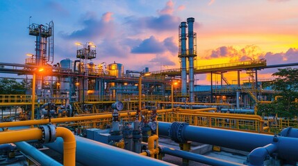 Gas processing site surrounded by pipelines, safety barriers, and monitoring stations