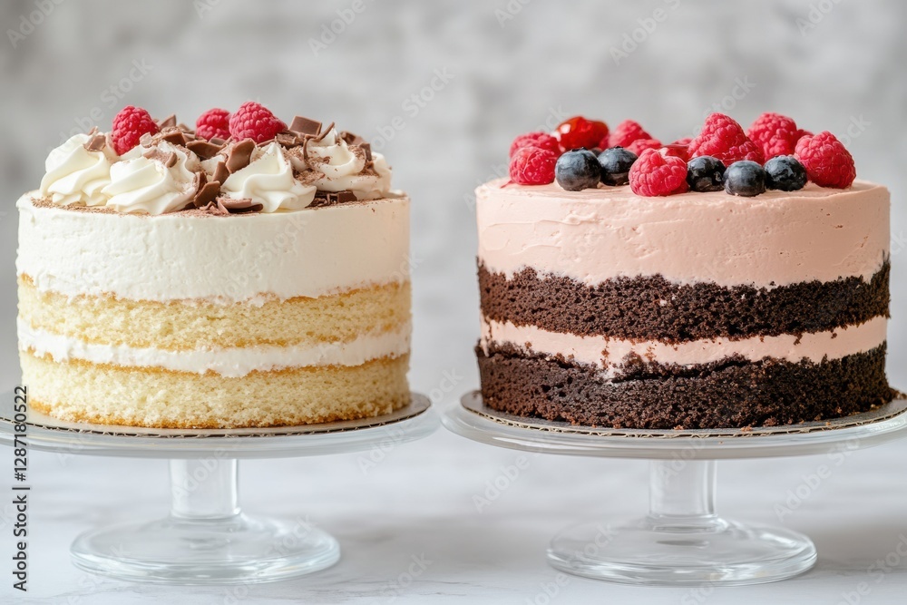 Poster beautifully decorated layer cakes with fresh fruit and chocolate on display at a bakery in the morni