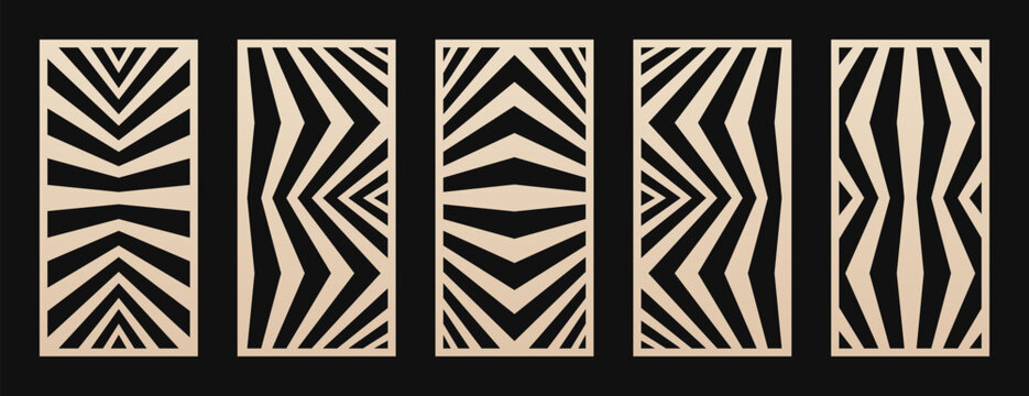Laser cut patterns set. Vector abstract geometric panels. Ornament with lines, stripes, zigzag, chevron, optical illusion. Decorative stencils for cutting of wood, metal, plastic. Aspect ratio 1:2