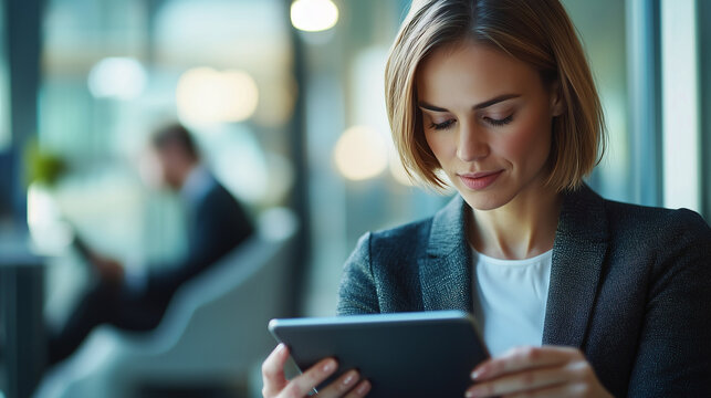 Focused businesswoman using tablet modern office professional