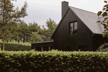Modern black house nestled among lush greenery on a cloudy day showcasing minimalist architecture in a tranquil landscape setting