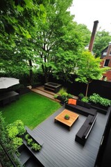 A beautifully designed backyard garden features a contemporary seating area surrounded by lush, vibrant greenery, all set against a serene cloudy backdrop