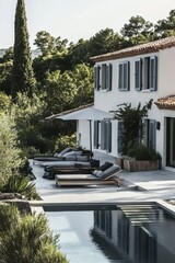 Luxurious modern villa with serene poolside area surrounded by lush greenery during a sunny afternoon in a tranquil setting