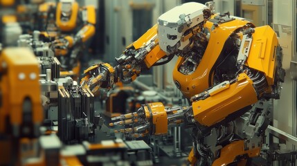Industrial robots assembling products in high-tech factory environment