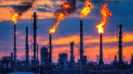Obraz premium Industrial flare stack burning excess gas at an oil refinery with flames in the sky