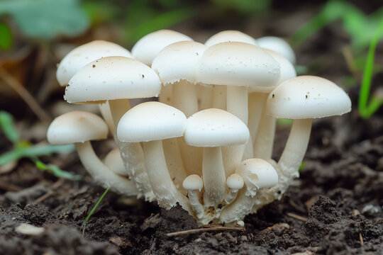Cluster of White Mushrooms Growing in Dark Soil Close Up Nature Photography