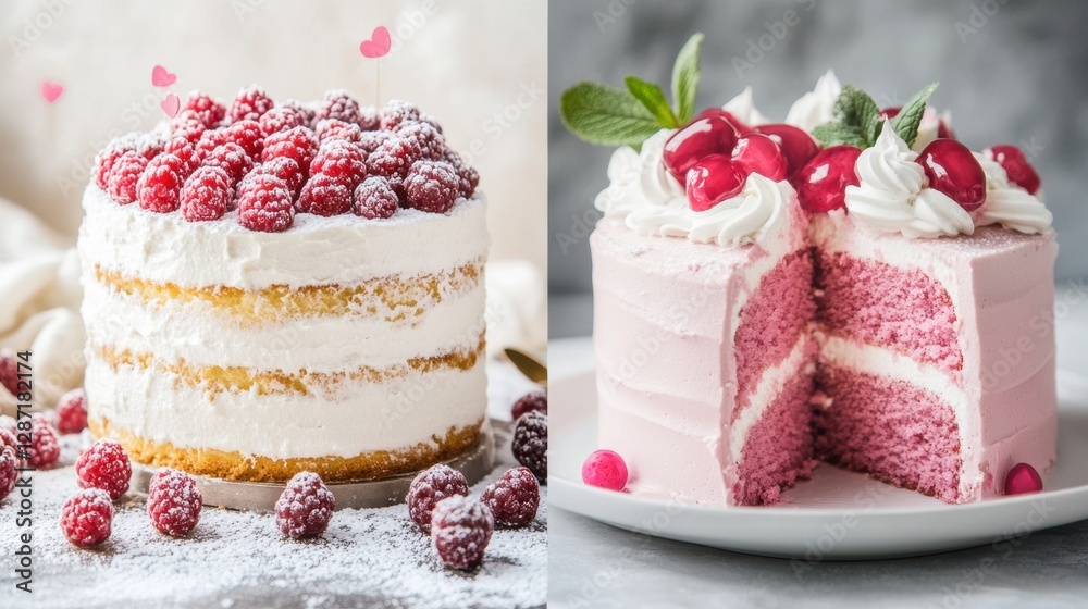 Poster delightful raspberry cakes showcasing layering techniques with whipped cream and fresh berries in co