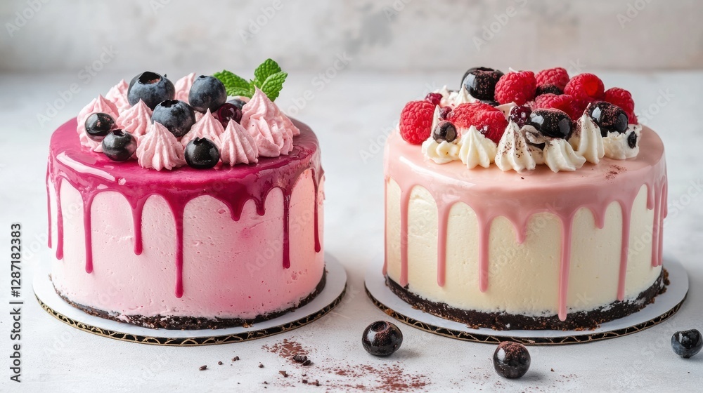 Poster decorative cakes with berry toppings displayed on a white surface during a dessert event or celebrat