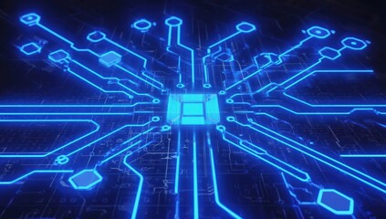 Futuristic Circuit Board Design with Glowing Blue Connections