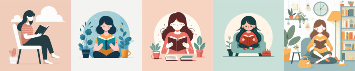 vector set of girls reading books