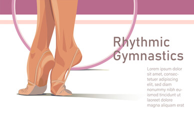 Rhythmic gymnast feet in close up and a pink hoop behind. Vector template banner. © AikaMozaika