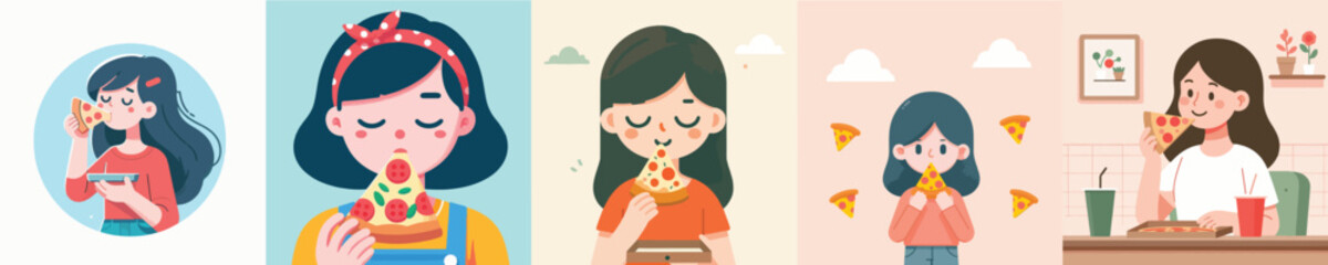 vector of a girl eating pizza