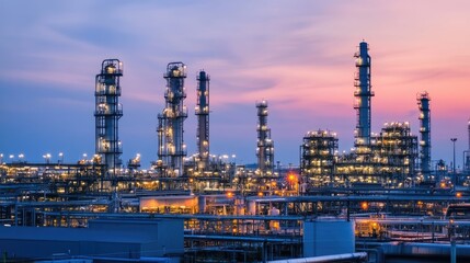 Obraz premium Large industrial gas processing plant with multiple pipelines and storage tanks