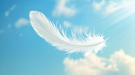 Naklejka premium Feather floating in sky with clouds 