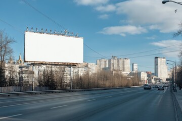 Empty billboard on city street, urban background, sunny day, advertisement space