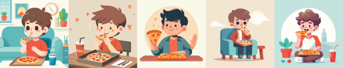 vector of a boy eating pizza