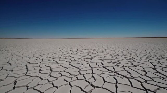 Aerial view of cracked dry earth under clear blue sky, expansive landscape. Climate change and drought concept