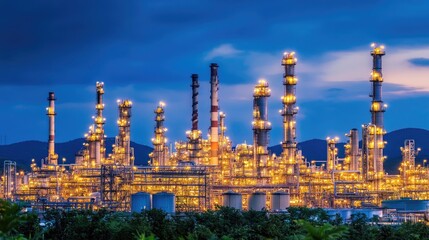 Obraz premium Large petrochemical refinery at night illuminated by industrial lighting