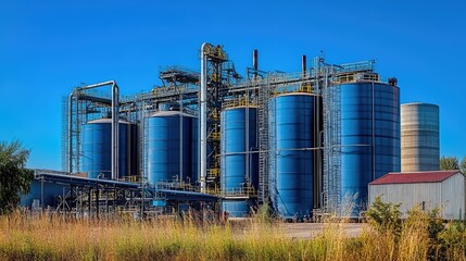 Obraz premium Large storage tanks containing chemical reagents for mineral extraction