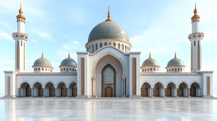 Fototapeta premium Grand Mosque Exterior White and Blue Tiled Domes, Golden Accents