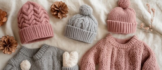 Cozy knitted hats and sweaters for winter.