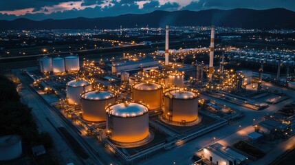 Obraz premium Massive gas storage and processing facility illuminated under bright industrial lights