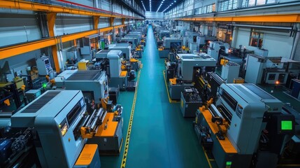 Modern injection molding machines operating with precision in a spacious factory
