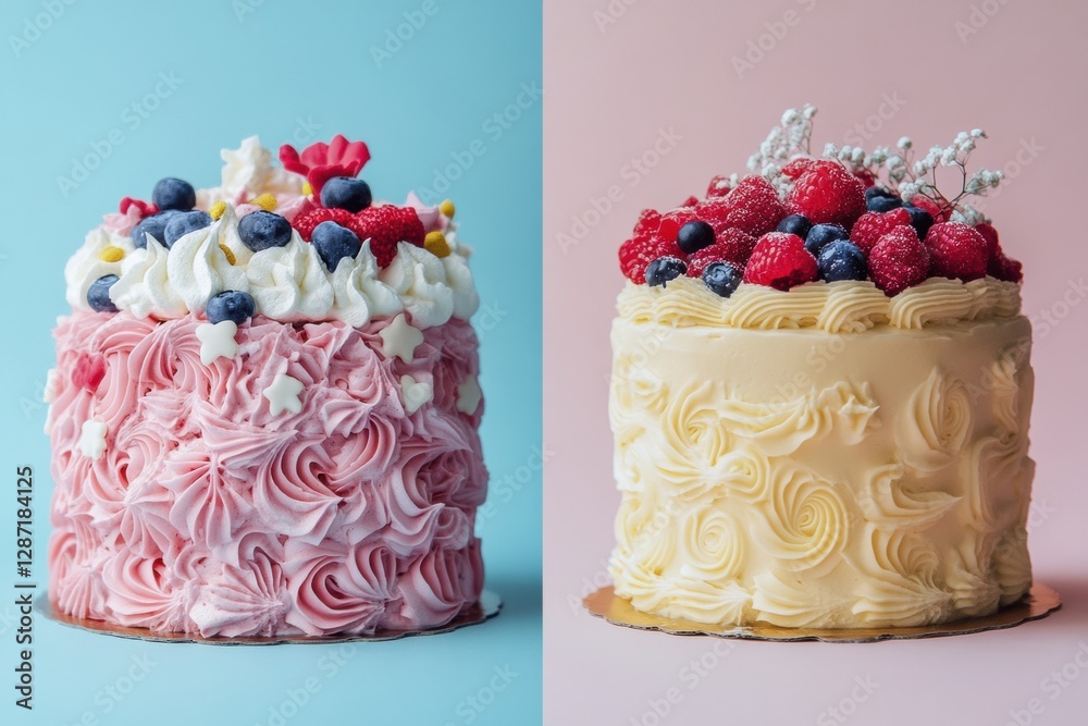Aufkleber delightful pastel cakes adorned with fresh berries and whipped cream in a light setting. generative 