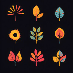 Obraz premium Icon set of abstract trees, leaves, and suns, created in minimalistic style with vibrant colors and clean shapes.