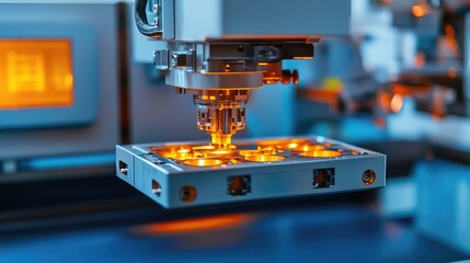 Fototapeta premium Plastic mold being filled with melted polymer inside an industrial injection molding machine