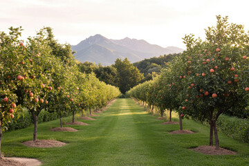 A row of apple trees with a mountain in the background