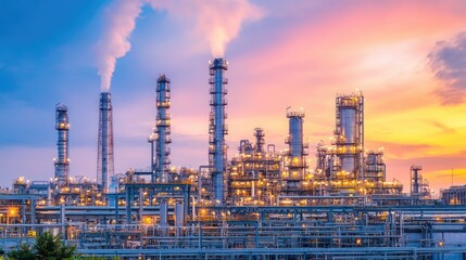 Obraz premium Processing facility with smokestacks and mineral refining structures in the background