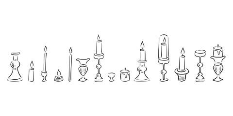 Vintage candlesticks and candles vector set, whimsical hand drawn candlesticks and candles set