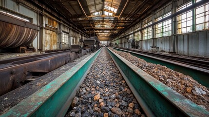 Fototapeta premium Steel conveyor system transporting raw mineral ores for processing